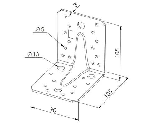 Winkelverbinder mit Sicke aus Metall mit Maßen 105 mal 105 mal 90 Millimeter und Bohrungen für Holzverbindungen