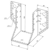 Balkenschuh aus Metall mit Maßangaben für die Holzverbindung