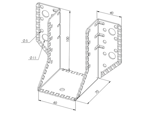 Balkenschuh aus Metall mit Maßangaben für die Holzverbindung