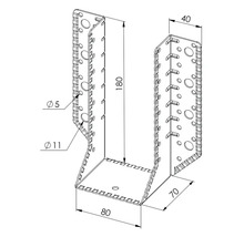 Sabot de charpente en acier avec dimensions en millimètres pour assemblage de bois