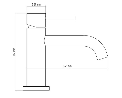 Technische Zeichnung einer Waschtischarmatur mit Maßangaben in Millimeter für die Planung und Installation.
