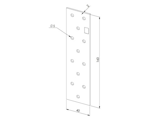 Flachverbinder aus Metall mit einer Länge von 160 Millimetern und Breite von 40 Millimetern sowie 5 Millimeter Bohrungen.