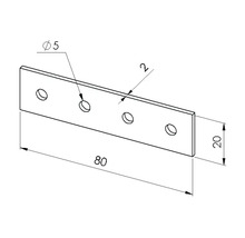 Flachverbinder mit vier Bohrlöchern, 80 mal 20 mal 2 Millimeter, Bohrdurchmesser 5 Millimeter