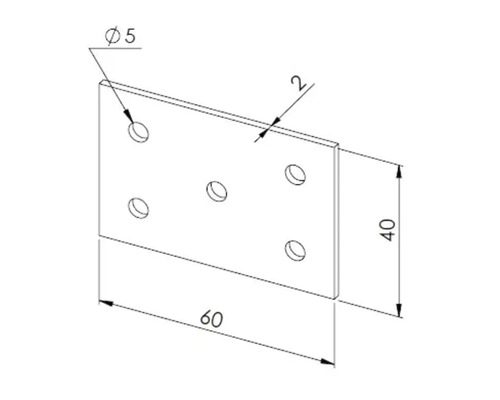 Dessin technique d une plaque de jonction rectangulaire avec cinq perçages, dimensions 60 par 40 par 2 millimètres, diamètre 5 millimètres.