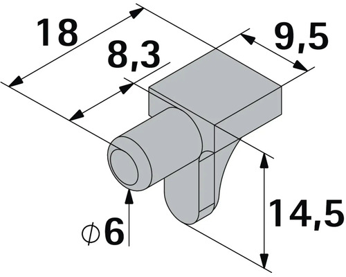 Support d'étagère avec diamètre de tenon de 6 millimètres incluant un dessin technique coté