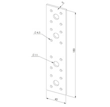 Flachverbinder aus Stahl, 180 mal 40 mal 3 Millimeter mit verschiedenen Lochdurchmessern für Holzverbindungen.