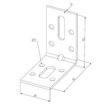 Winkelverbinder aus Metall mit Langloch und Bohrungen, Maße 52 mal 52 mal 30 Millimeter, Stärke 2 Millimeter, Durchmesser 5 Millimeter