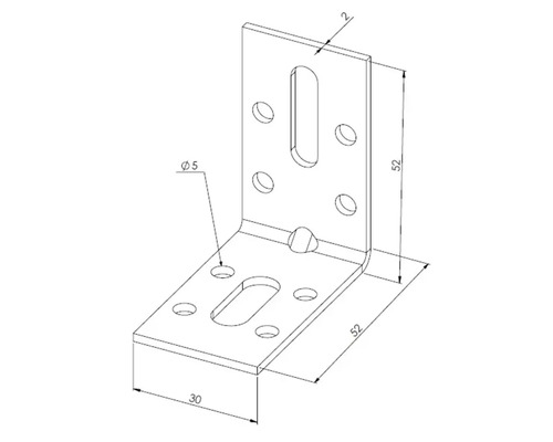 Winkelverbinder aus Metall mit Langloch und Bohrungen, Maße 52 mal 52 mal 30 Millimeter, Stärke 2 Millimeter, Durchmesser 5 Millimeter