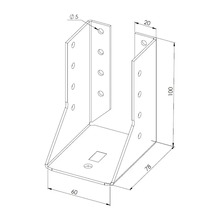 Dessin technique d'un support de poteau en U avec dimensions en millimètres.