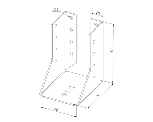 Dessin technique d'un support de poteau en U avec dimensions en millimètres.