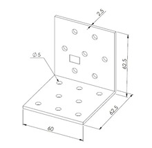 Winkelverbinder aus Metall mit Lochung zur Holzverbindung, Abmessungen 60 mal 62,5 mal 62,5 Millimeter mit 5 Millimeter Bohrungen.