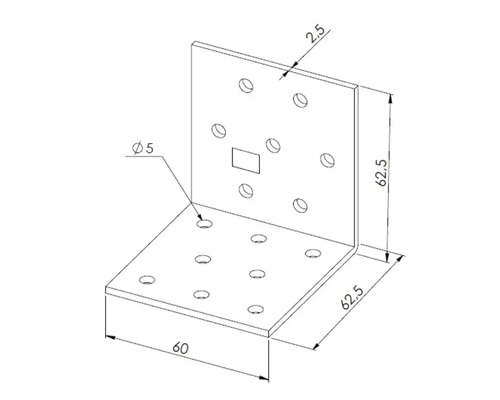 Winkelverbinder aus Metall mit Lochung zur Holzverbindung, Abmessungen 60 mal 62,5 mal 62,5 Millimeter mit 5 Millimeter Bohrungen.