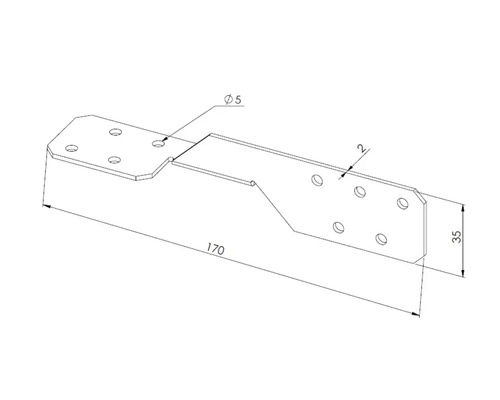 Technische Zeichnung eines Stahl Verbinders mit Bohrlöchern und Bemaßung in Millimeter
