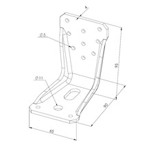 Technische Zeichnung eines Stahlwinkels mit 4 Millimeter Materialstärke und verschiedenen Bohrungen für die Montage.