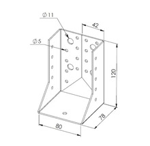 Technische Zeichnung eines Balkenschuhs mit Maßen und Bohrlöchern für die Holzverbindung