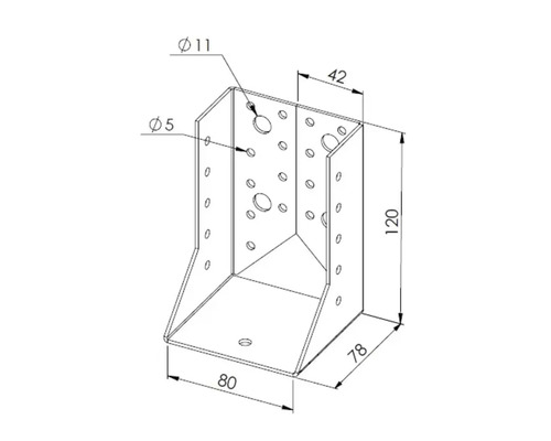 Technische Zeichnung eines Balkenschuhs mit Maßen und Bohrlöchern für die Holzverbindung