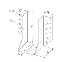 Technische Zeichnung eines zweiteiligen Balkenschuhs aus Metall mit Maßangaben für Holzverbindungen.