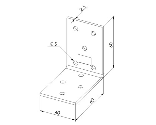 Winkelverbinder aus Metall mit Lochung, 60 mal 40 mal 60 Millimeter, Materialstaerke 2,5 Millimeter, Bohrungsdurchmesser 5 Millimeter.