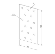 Lochplatte aus Metall mit den Maßen 120 mal 60 mal 2 Millimeter und 5 Millimeter Bohrungen zur stabilen Holzverbindung.