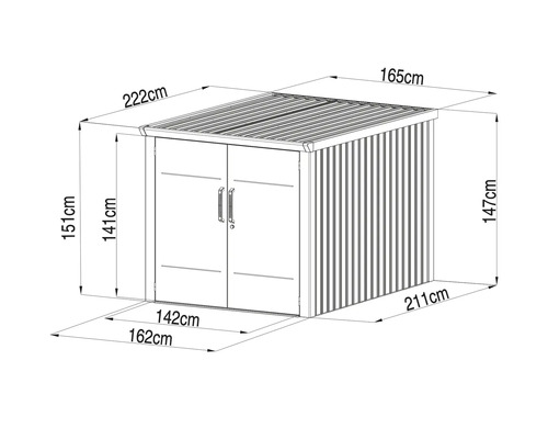 Dessin technique d abri de jardin en métal avec dimensions et double porte