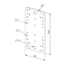 Rechteckiger Lochblechverbinder aus Metall mit verschiedenen Bohrungen, Maße 195 mal 90 mal 2,5 Millimeter, technische Zeichnung.