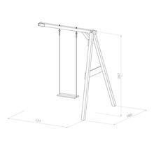 Croquis technique d'une structure de balançoire en bois avec siège et dimensions en centimètres