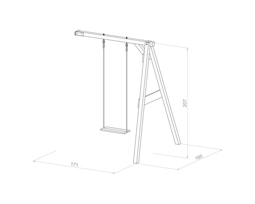 Croquis technique d'une structure de balançoire en bois avec siège et dimensions en centimètres