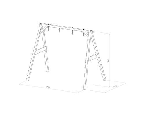 Dessin technique d une structure de balançoire en bois avec mesures en centimètres pour jardin et aire de jeux.