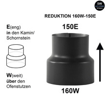 Kaminrohr Reduktion von 160 auf 150 Millimeter mit technischer Zeichnung zur Montageanleitung an Ofenrohr und Schornstein.