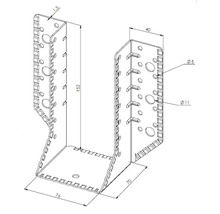Sabot de charpente pour fixation de poutres en bois avec cotes en millimètres dessin technique