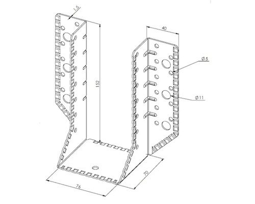 Sabot de charpente pour fixation de poutres en bois avec cotes en millimètres dessin technique