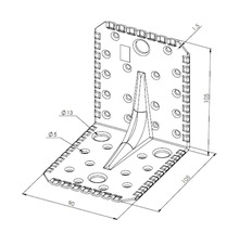 Winkelverbinder aus Metall mit Verstärkungssicke und zahlreichen Montagelöchern inklusive Maßangaben in Millimeter