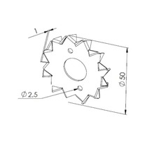 Technische Zeichnung eines sternförmigen Sägeblatts mit Durchmesser 50 Millimeter und Bohrung 2,5 Millimeter.