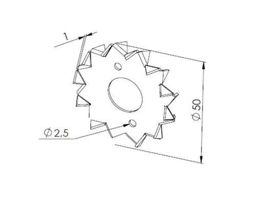 Technische Zeichnung eines sternförmigen Sägeblatts mit Durchmesser 50 Millimeter und Bohrung 2,5 Millimeter.