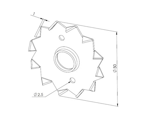 Technische Zeichnung eines Nutfräsers mit Durchmesser 50 Millimeter und Montagebohrungen.