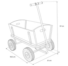 Dessin technique d'une charrette en bois avec dimensions 94,5 centimètres de longueur 61 centimètres de largeur et 97 centimètres de hauteur