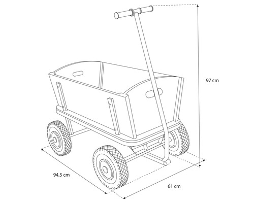 Dessin technique d'une charrette en bois avec dimensions 94,5 centimètres de longueur 61 centimètres de largeur et 97 centimètres de hauteur