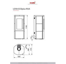 Dessin technique du poêle à bois Hark Lova ECOplus RUA avec dimensions.