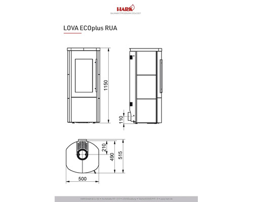 Dessin technique du poêle à bois Hark Lova ECOplus RUA avec dimensions.