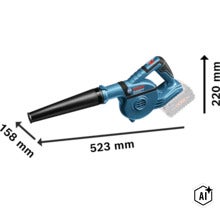 Souffleur sans fil Bosch Professional GBL 18V 120 avec dimensions en millimètres (Image AI modified or generated)