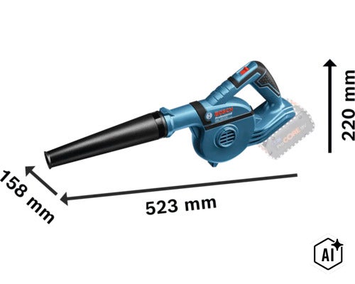 Souffleur sans fil Bosch Professional GBL 18V 120 avec dimensions en millimètres (Image AI modified or generated)