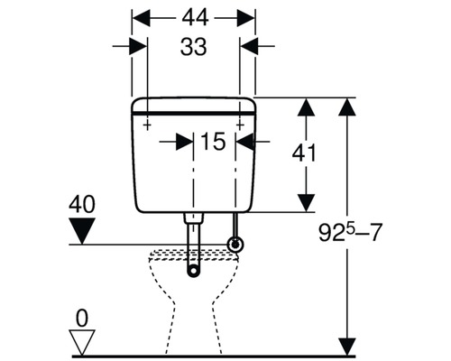 Technische Zeichnung eines Spülkastens mit Maßangaben für die Installation