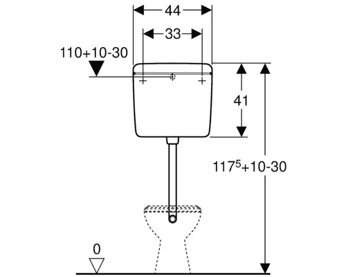 Schéma technique d''un réservoir de chasse d''eau avec indications de dimensions