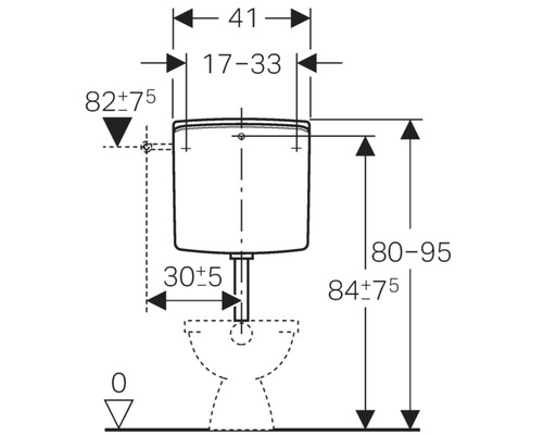Schéma technique d''un réservoir de chasse d''eau avec indication des dimensions