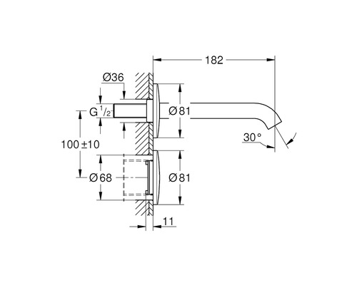 Technische Zeichnung einer Armatur mit Maßangaben