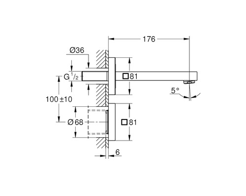 Technische Zeichnung einer Armatur mit Maßangaben