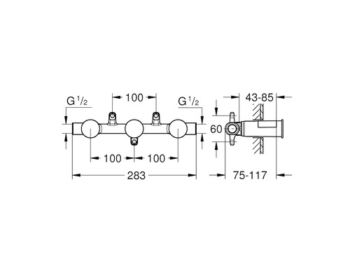 Schéma technique d''un robinet de douche avec indications de dimensions