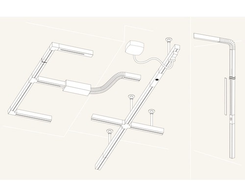Présentation d''un système d''éclairage linéaire avec rails et éléments de connexion pour montage au plafond