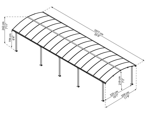 Dimensions d''un abri avec indication de la hauteur, de la largeur et de la longueur