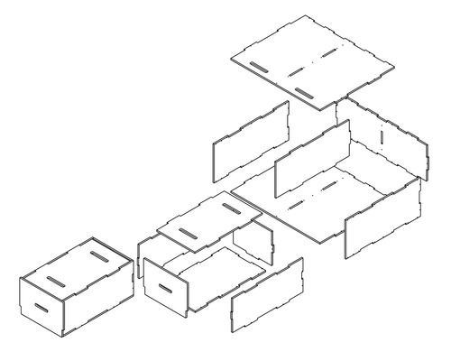 Explosionszeichnung eines Regalsystems mit verschiedenen Regalböden und Seitenwänden.